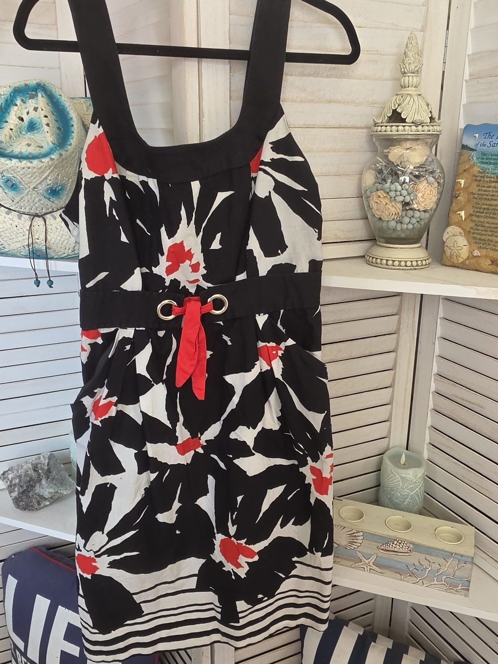 Cato Floral Mini Dress Size 14 Black White Red Tie Sleeveless Sundress